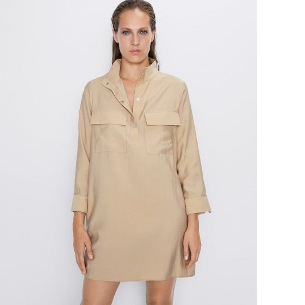 Zara High Collar Above Knees Tan Dress, NWT, XS